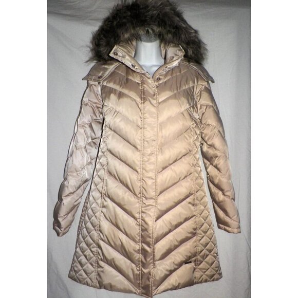 Women's M Reaction Kenneth Cole GIII Down Puffer Coat Satin Champagne Fur Hood - Picture 6 of 14